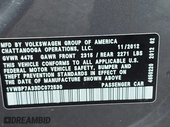 2013 Volkswagen Passat SE w/Sunroof & Nav with VIN 1VWBP7A33DC072530, listed as a IAAI auction lot 41906797 with 118,110 mi miles. Bid and sale history available at carsss.com. Image 9.