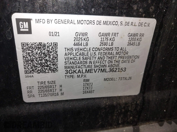 2021 GMC Terrain SLE с VIN 3GKALMEV7ML362153, выставлен на аукционе IAAI как лот 41448985 с пробегом 114 177 миль миль и . История ставок и продаж доступна на DreamBid. Изображение 9.