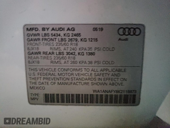 2019 Audi Q5 Premium with VIN WA1ANAFY8K2118873, listed as a Copart auction lot 70030672 with 37,486 mi miles. Bid and sale history available at carsss.com. Image 13.