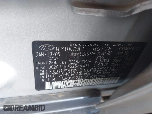 2005 Hyundai Santa Fe GLS with VIN KM8SC73D55U960384, listed as a IAAI auction lot 41872928 with 201,160 mi miles. Bid and sale history available at carsss.com. Image 9.