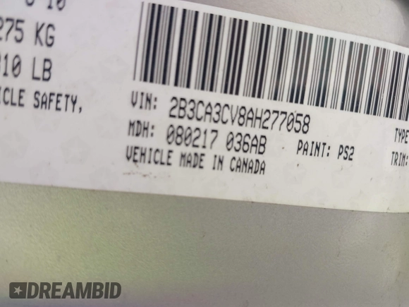 2010 Dodge Charger SXT with VIN 2B3CA3CV8AH277058, listed as a IAAI auction lot 42179056 with 162,971 mi miles. Bid and sale history available at carsss.com. Image 9.