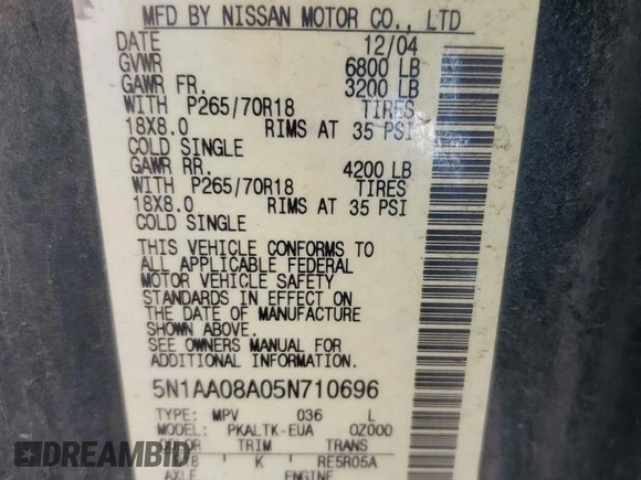 2005 Nissan Armada LE z VIN 5N1AA08A05N710696, wystawiony jako Copart lot #46854495 z przebiegiem 211 883 mil mil oraz Szkoda całkowita • Salvage title. Historia ofert i sprzedaży dostępna na DreamBid. Obrazek 13.