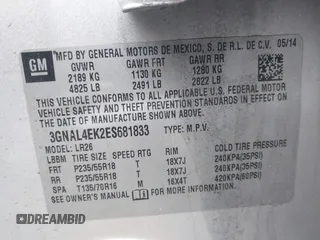 2014 Chevrolet Captiva Sport LTZ with VIN 3GNAL4EK2ES681833, listed as a IAAI auction lot 42210350 with 90,296 mi miles and . Bid and sale history available at DreamBid. Image 9.