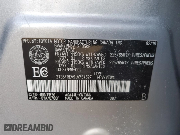 2018 Toyota RAV4 LE with VIN 2T3BFREV9JW754527, listed as a Copart auction lot 48119415 with 217,777 mi miles and Salvage Title. Bid and sale history available at carsss.com. Image 13.