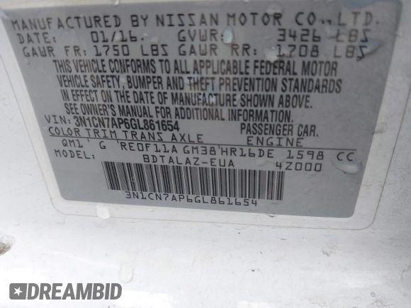 2016 Nissan Versa S Plus with VIN 3N1CN7AP6GL861654, listed as a IAAI auction lot 42065004 with 112,099 mi miles. Bid and sale history available at carsss.com. Image 9.