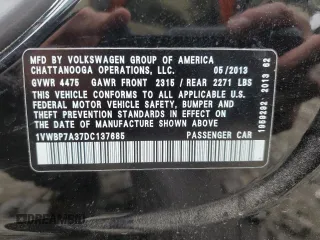 2013 Volkswagen Passat SE z VIN 1VWBP7A37DC137685, wystawiony jako Copart lot #53525235 z przebiegiem 132 971 mil mil oraz Szkoda całkowita • Salvage title. Historia ofert i sprzedaży dostępna na DreamBid. Obrazek 12.