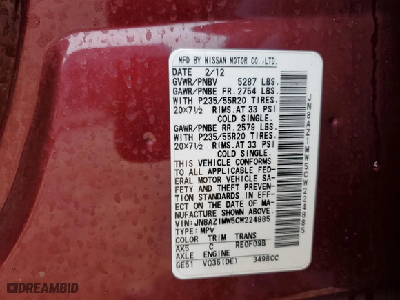 2012 Nissan Murano SV with VIN JN8AZ1MW5CW224885, listed as a Copart auction lot 44150635 with 0 mi miles and Salvage Title. Bid and sale history available at carsss.com. Image 13.
