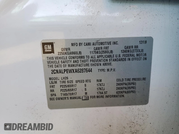 2010 Chevrolet Equinox 2LT with VIN 2CNALPEWXA6287644, listed as a Copart auction lot 42153235 with 138,231 mi miles and Salvage Title. Bid and sale history available at DreamBid. Image 12.