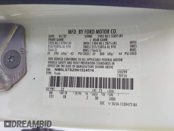 2022 Ford Transit Connect XL with VIN NM0LS7S25N1524516, listed as a IAAI auction lot 42058959 with 16,421 mi miles and . Bid and sale history available at DreamBid. Image 9.
