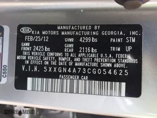 2012 Kia Optima EX with VIN 5XXGN4A73CG054625, listed as a IAAI auction lot 41771422 with 109,814 mi miles. Bid and sale history available at carsss.com. Image 9.