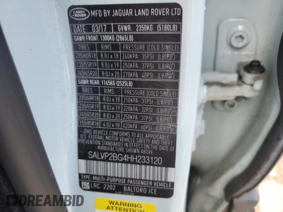 2017 Land Rover Range Rover Evoque SE with VIN SALVP2BG4HH233120, listed as a Copart auction lot 57875585 with 64,562 mi miles and Salvage title. Bid and sale history available at DreamBid. Image 12.