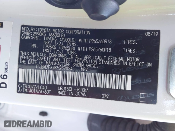 2019 Lexus GX with VIN JTJBM7FX4K5239824, listed as a IAAI auction lot 41752591 with 73,570 mi miles. Bid and sale history available at carsss.com. Image 9.