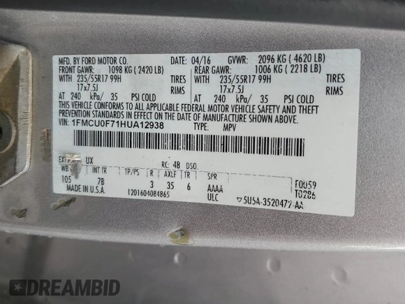 2017 Ford Escape S with VIN 1FMCU0F71HUA12938, listed as a Copart auction lot 59362135 with 266,932 mi miles and Clean title. Bid and sale history available at DreamBid. Image 13.