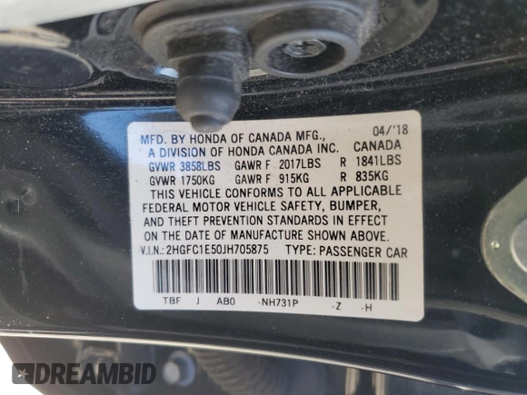 2018 Honda Civic Si with VIN 2HGFC1E50JH705875, listed as a Copart auction lot 49696525 with 105,061 mi miles and Salvage Title. Bid and sale history available at DreamBid. Image 12.