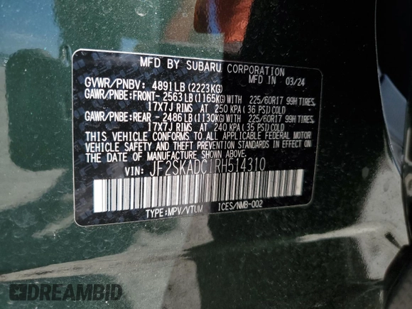 2024 Subaru Forester Premium with VIN JF2SKADC1RH514310, listed as a Copart auction lot 49339715 with 33,838 mi miles and Salvage Title. Bid and sale history available at carsss.com. Image 13.
