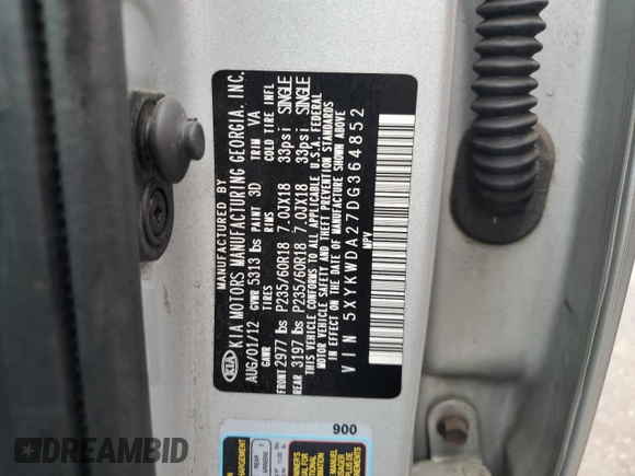 2013 Kia Sorento SX with VIN 5XYKWDA27DG364852, listed as a Copart auction lot 60194635 with 146,829 mi miles and Salvage title. Bid and sale history available at DreamBid. Image 13.