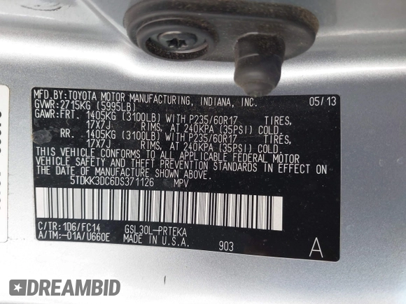 2013 Toyota Sienna LE AAS with VIN 5TDKK3DC6DS371126, listed as a IAAI auction lot 42006353 with 141,425 mi miles. Bid and sale history available at carsss.com. Image 9.