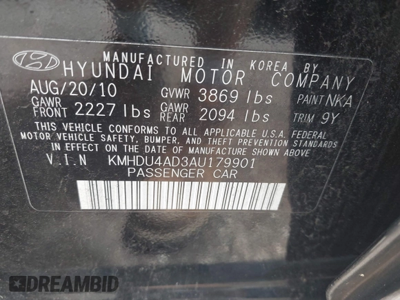 2010 Hyundai Elantra GLS with VIN KMHDU4AD3AU179901, listed as a IAAI auction lot 42472872 with 195,042 mi miles and . Bid and sale history available at DreamBid. Image 9.