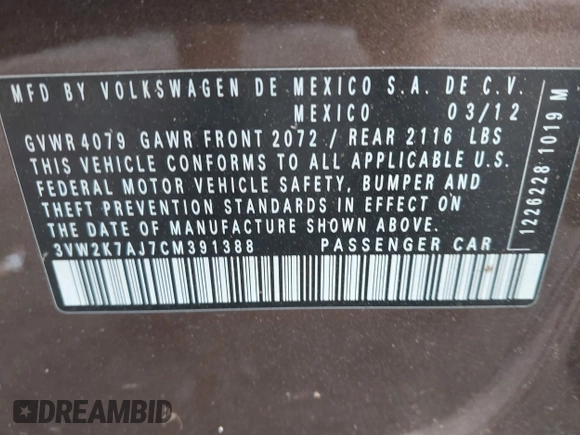 2012 Volkswagen Jetta S with VIN 3VW2K7AJ7CM391388, listed as a IAAI auction lot 42256440 with 178,344 mi miles and . Bid and sale history available at DreamBid. Image 9.