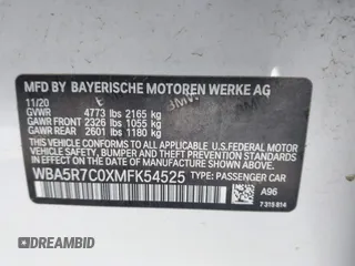 2021 BMW 3 Series 330i xDrive with VIN WBA5R7C0XMFK54525, listed as a IAAI auction lot 42320181 with 54,576 mi miles and . Bid and sale history available at DreamBid. Image 9.