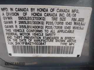 2007 Honda Pilot EX z VIN 2HKYF18427H503847, wystawiony jako IAAI lot #42160433 z przebiegiem 139 558 mil mil oraz . Historia ofert i sprzedaży dostępna na DreamBid. Obrazek 9.