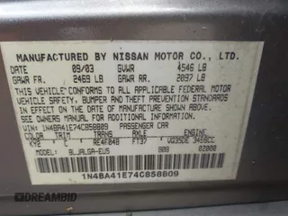 2004 Nissan Maxima SE with VIN 1N4BA41E74C858809, listed as a IAAI auction lot 42436562 with 198,105 mi miles and . Bid and sale history available at DreamBid. Image 9.