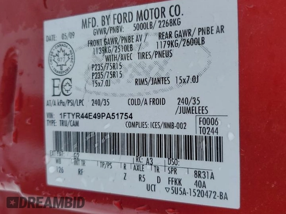 2009 Ford Ranger XLT with VIN 1FTYR44E49PA51754, listed as a Copart auction lot 85935354 with 96,643 mi miles and Clean Title. Bid and sale history available at carsss.com. Image 12.
