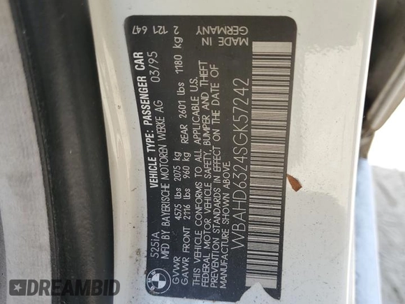 1995 BMW 5 Series 525i z VIN WBAHD6324SGK57242, wystawiony jako Copart lot #57287605 z przebiegiem Nie podano mil oraz Czysty tytuł • Clean title. Historia ofert i sprzedaży dostępna na DreamBid. Obrazek 12.