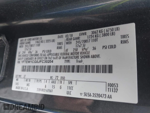 2018 Ford F-150 XL with VIN 1FTEW1CG0JFC30204, listed as a IAAI auction lot 41439886 with 110,160 mi miles. Bid and sale history available at carsss.com. Image 9.