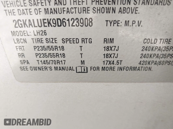 2013 GMC Terrain SLT with VIN 2GKALUEK9D6123908, listed as a IAAI auction lot 40691352 with 237,789 mi miles and . Bid and sale history available at carsss.com. Image 9.