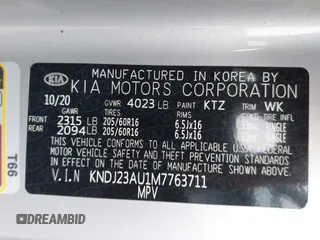 2021 Kia Soul S with VIN KNDJ23AU1M7763711, listed as a IAAI auction lot 41923709 with 34,512 mi miles and . Bid and sale history available at DreamBid. Image 9.
