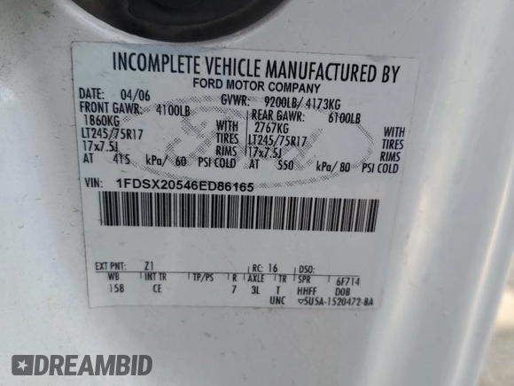 2006 Ford F-250 XL with VIN 1FDSX20546ED86165, listed as a Copart auction lot 53233755 with 241,657 mi miles and Salvage title. Bid and sale history available at DreamBid. Image 12.
