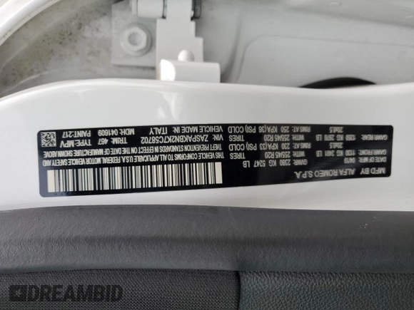 2019 Alfa Romeo Stelvio Ti with VIN ZASPAKBN2K7C58702, listed as a Copart auction lot 47459585 with 49,393 mi miles and Salvage title. Bid and sale history available at DreamBid. Image 14.