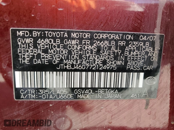 2007 Lexus ES with VIN JTHBJ46G772124975, listed as a Copart auction lot 52200865 with 166,037 mi miles and Salvage Title. Bid and sale history available at carsss.com. Image 12.