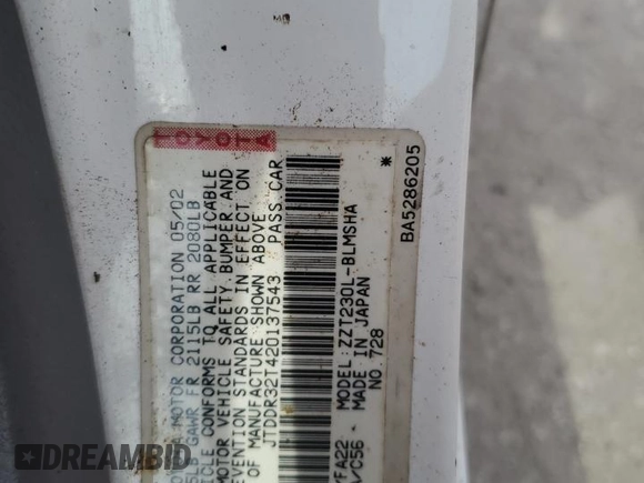 2002 Toyota Celica GT z VIN JTDDR32T420137543, wystawiony jako Copart lot #71398604 z przebiegiem 168 767 mil mil oraz Szkoda całkowita • Salvage title. Historia ofert i sprzedaży dostępna na DreamBid. Obrazek 12.