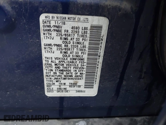 2019 Nissan Rogue SV с VIN JN8AT2MT8KW255947, выставлен на аукционе IAAI как лот 41799259 с пробегом 131 008 миль миль и . История ставок и продаж доступна на DreamBid. Изображение 9.