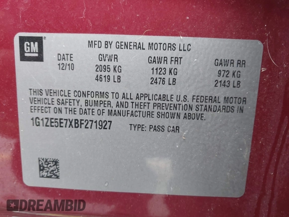 2011 Chevrolet Malibu LTZ with VIN 1G1ZE5E7XBF271927, listed as a IAAI auction lot 41739177 with 109,490 mi miles and . Bid and sale history available at DreamBid. Image 9.
