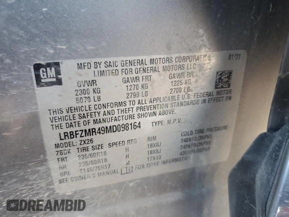 2021 Buick Envision Preferred with VIN LRBFZMR49MD098164, listed as a Copart auction lot 89027395 with 72,990 mi miles and Salvage Title. Bid and sale history available at carsss.com. Image 14.