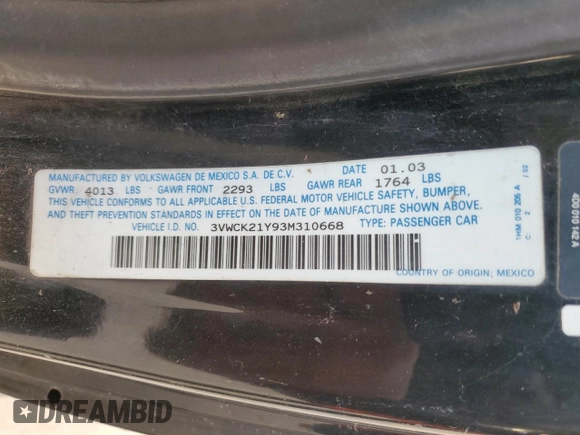 2003 Volkswagen Beetle GLS with VIN 3VWCK21Y93M310668, listed as a Copart auction lot 54890315 with 221,948 mi miles and Clean Title. Bid and sale history available at DreamBid. Image 12.