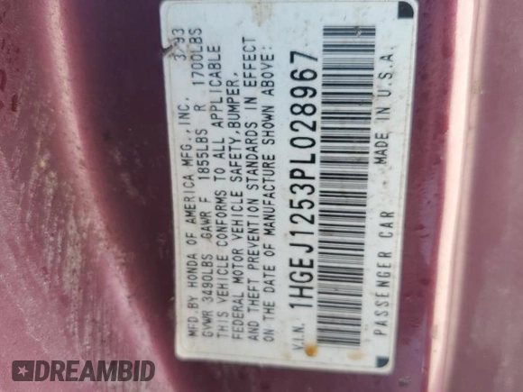 1993 Honda Civic z VIN 1HGEJ1253PL028967, wystawiony jako Copart lot #78411844 z przebiegiem 207 541 mil mil oraz Szkoda całkowita • Salvage title. Historia ofert i sprzedaży dostępna na DreamBid. Obrazek 13.