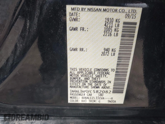 2015 Nissan Altima 2.5 SV with VIN 1N4AL3AP1FC582082, listed as a IAAI auction lot 42006657 with 132,343 mi miles. Bid and sale history available at carsss.com. Image 9.