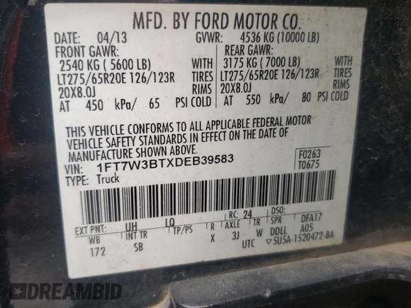 2013 Ford F-350 Platinum z VIN 1FT7W3BTXDEB39583, wystawiony jako Copart lot #55313275 z przebiegiem 405 540 mil mil oraz Szkody całkowita. Historia ofert i sprzedaży dostępna na DreamBid. Obrazek 13.