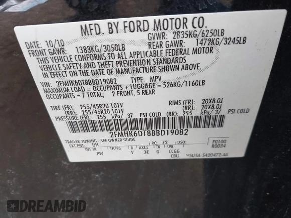 2011 Ford Flex Limited w/Ecoboost with VIN 2FMHK6DT8BBD19082, listed as a IAAI auction lot 41835209 with 231,272 mi miles. Bid and sale history available at carsss.com. Image 9.