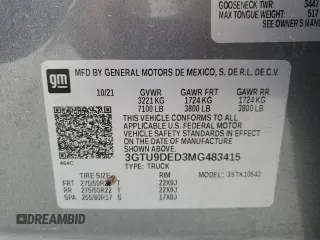 2021 GMC Sierra 1500 SLT z VIN 3GTU9DED3MG483415, wystawiony jako Copart lot #52741395 z przebiegiem 51 537 mil mil oraz Szkody całkowita. Historia ofert i sprzedaży dostępna na DreamBid. Obrazek 13.
