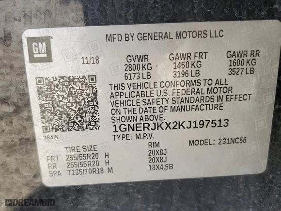 2019 Chevrolet Traverse RS with VIN 1GNERJKX2KJ197513, listed as a Copart auction lot 76893184 with 127,101 mi miles and Salvage Title. Bid and sale history available at carsss.com. Image 15.