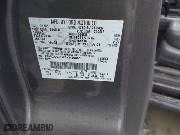 2006 Ford Escape Hybrid with VIN 1FMCU96H76KA30866, listed as a IAAI auction lot 41651128 with 177,908 mi miles and . Bid and sale history available at DreamBid. Image 9.