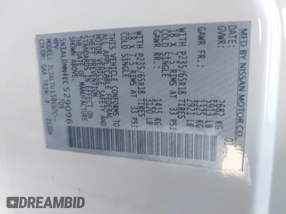 2014 Infiniti QX60 with VIN 5N1AL0MN4EC529096, listed as a IAAI auction lot 41844134 with 152,398 mi miles and . Bid and sale history available at DreamBid. Image 9.