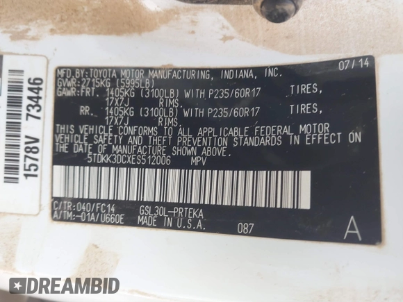 2014 Toyota Sienna LE AAS с VIN 5TDKK3DCXES512006, выставлен на аукционе IAAI как лот 41721093 с пробегом Не указан миль и . История ставок и продаж доступна на DreamBid. Изображение 9.