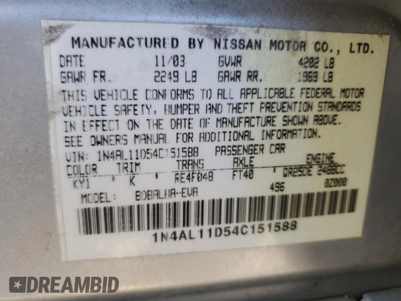 2004 Nissan Altima with VIN 1N4AL11D54C151588, listed as a Copart auction lot 62175204 with 224,915 mi miles and Salvage title. Bid and sale history available at DreamBid. Image 12.