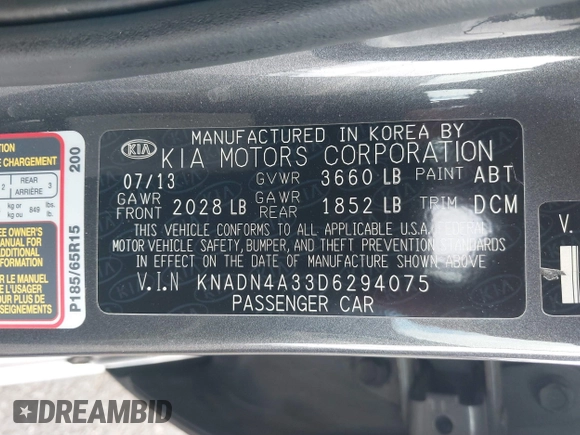 2013 Kia Rio SX with VIN KNADN4A33D6294075, listed as a IAAI auction lot 41728082 with 119,297 mi miles. Bid and sale history available at carsss.com. Image 9.